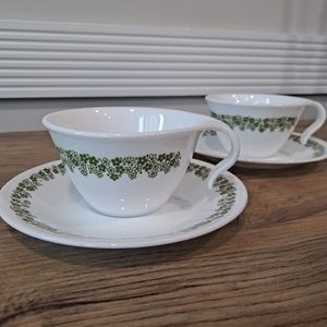 Corelle Crazy Daisy Hook Handle Tea Cups And Saucers Set of 2